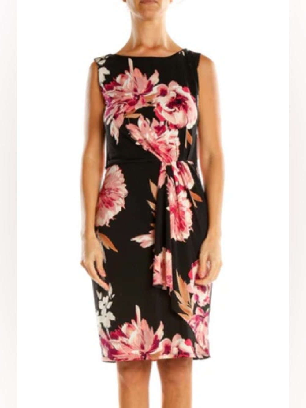 EUC White House Black Market Black Midi Dress with Pink Floral Print